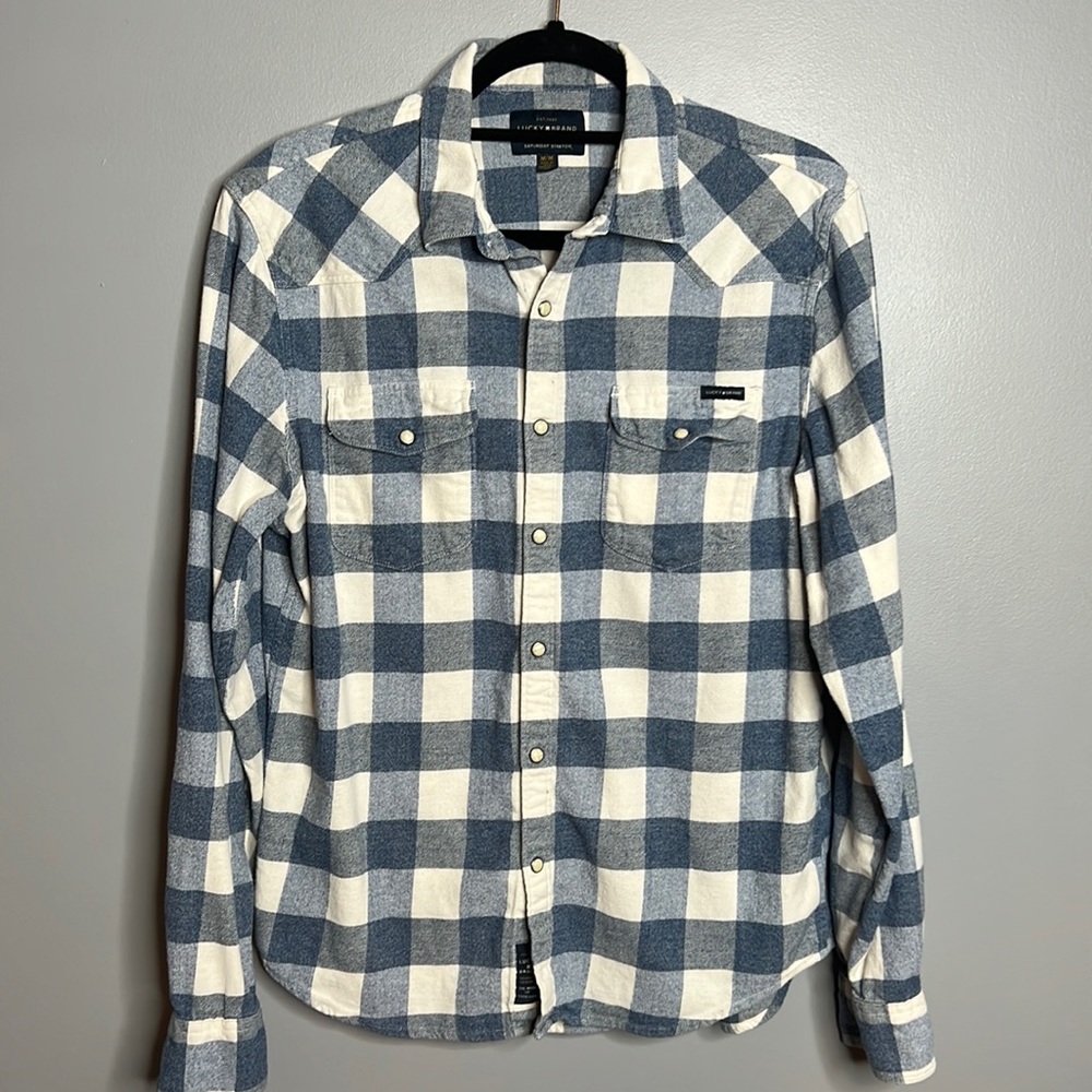 Womens blue cream plaid button front shirt shacket size med